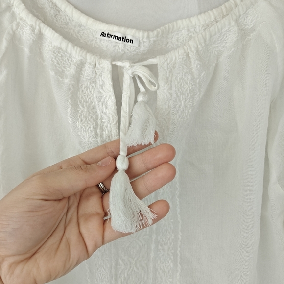 Reformation Peasant White Tassel Boho Embroidered Long Sleeves Cotton Blouse SM - Picture 7 of 10